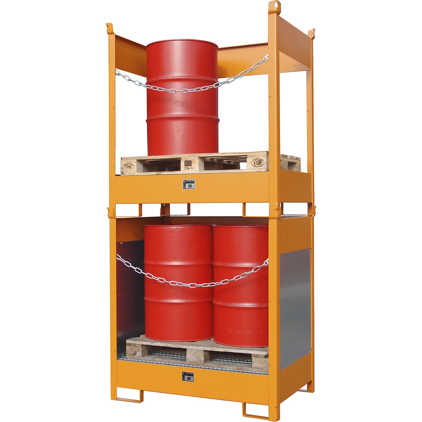 Storage and transport pallet with sump tray, with closed rear and side panels, stackable, for 1 drum, painted.