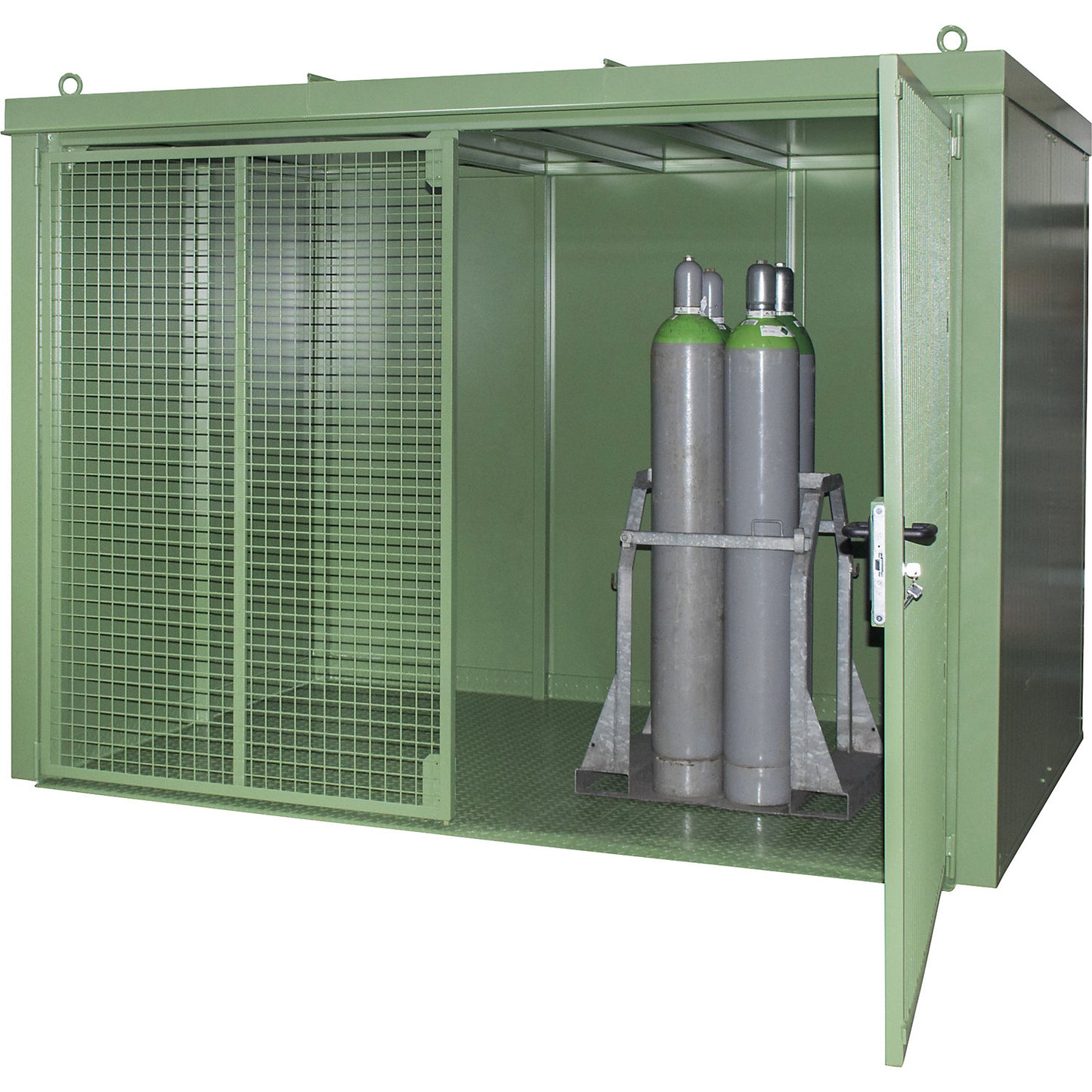 Gas cylinder container, fire resistant, for 96 cylinders with Ø 230 mm, green.