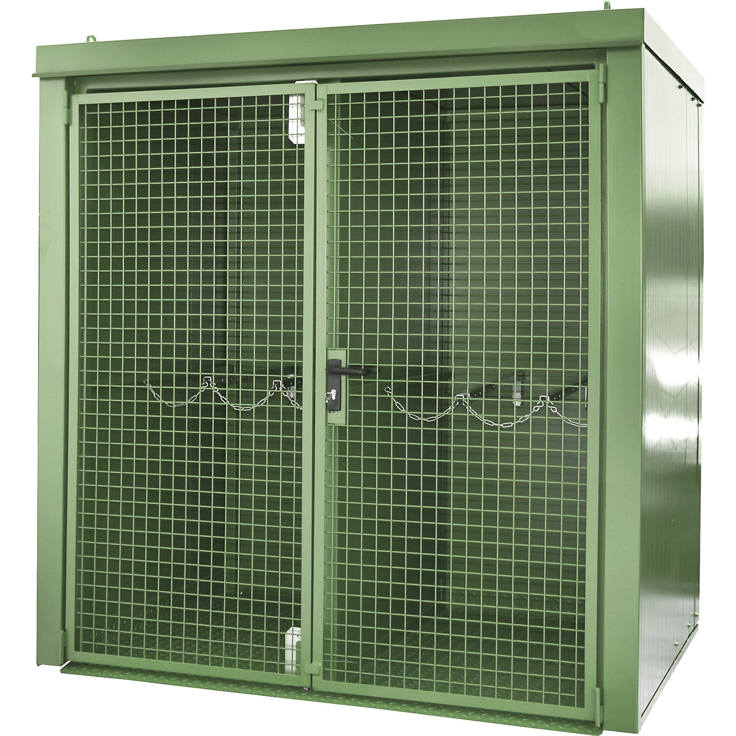 Gas cylinder container with divider, fire resistant, for 35 cylinders with Ø 230 mm, green.