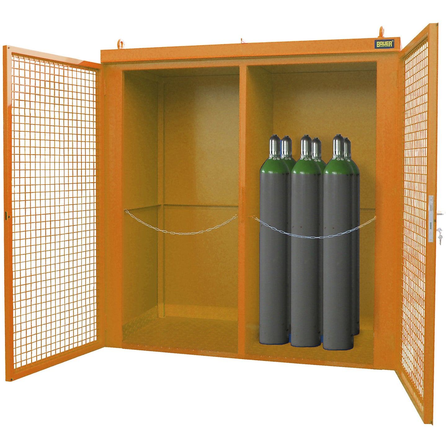 Gas cylinder container with divider, fire resistant, for 45 cylinders with Ø 230 mm, orange.