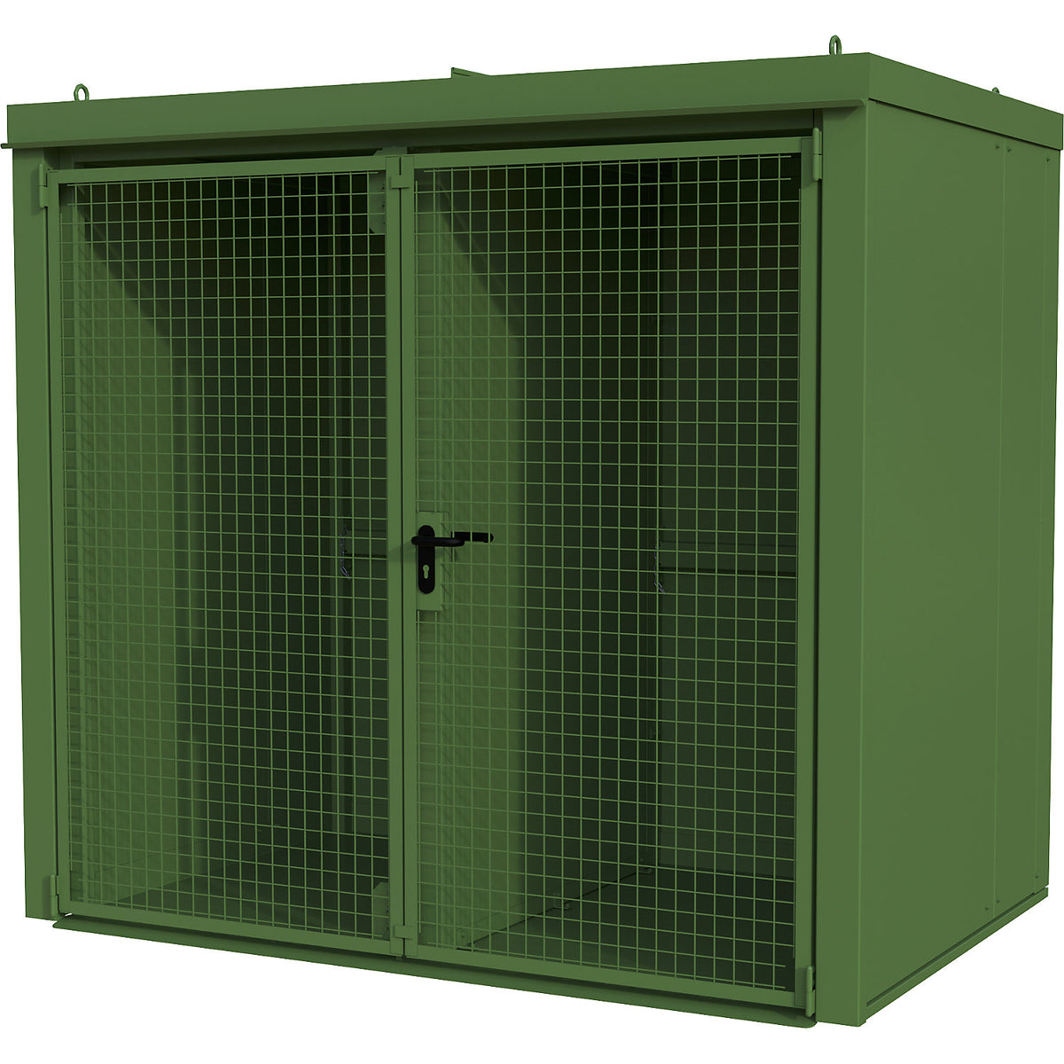 Gas cylinder container with divider, fire resistant, for 45 cylinders with Ø 230 mm, green.