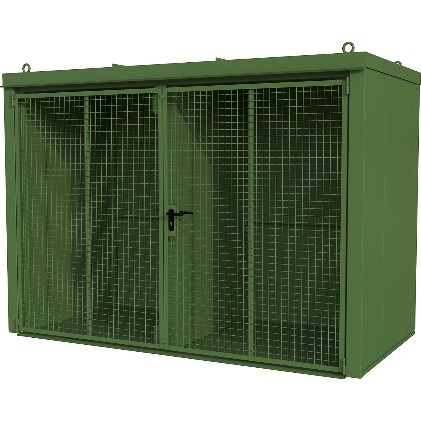 Gas cylinder container with divider, fire resistant, for 60 cylinders with Ø 230 mm, green.