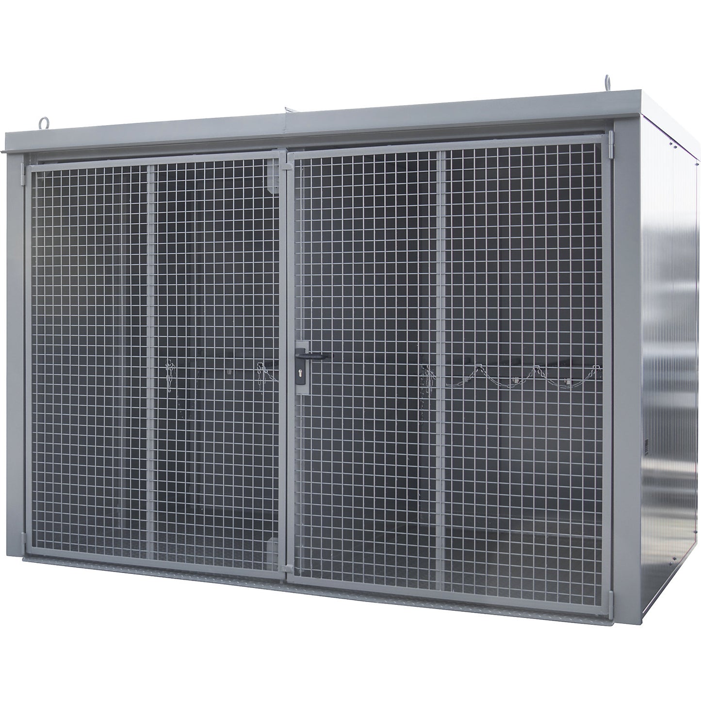 Gas cylinder container with divider, fire resistant, for 96 cylinders with Ø 230 mm, grey.