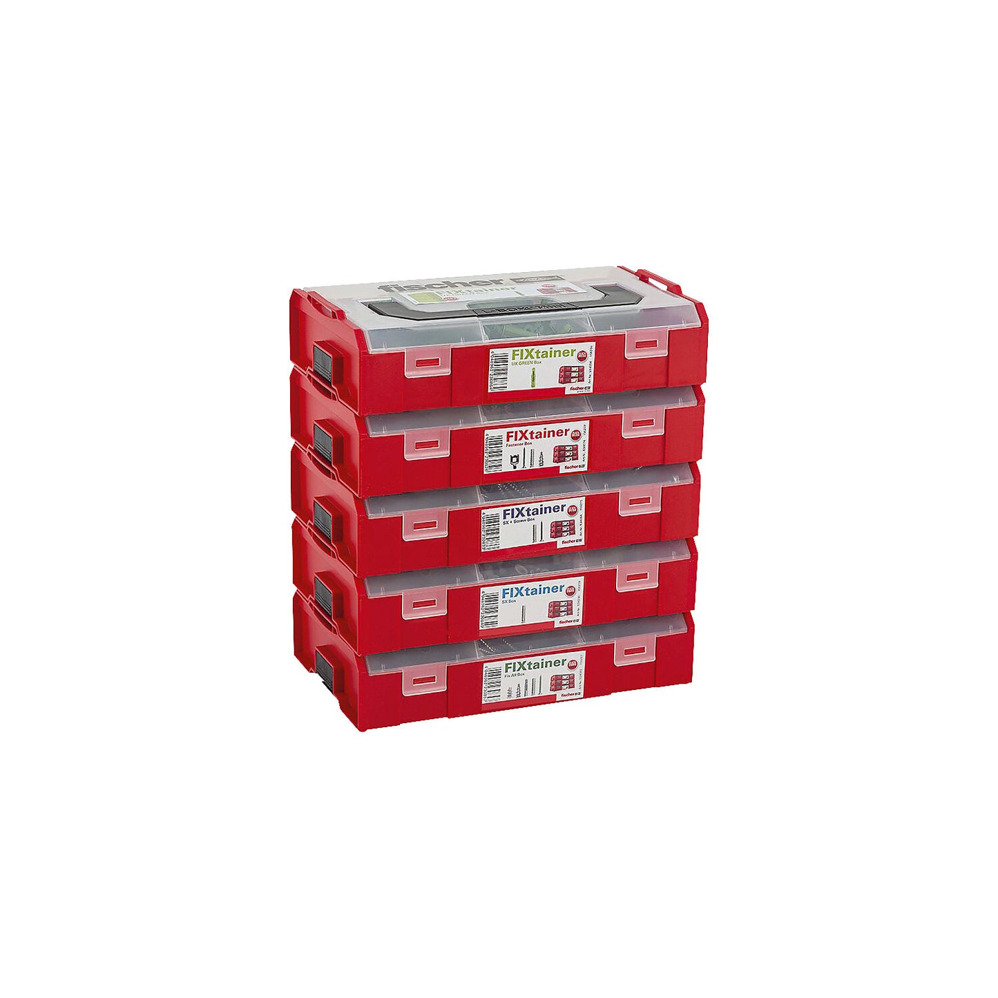 FixTainer, empty, with carrying handle and transparent lid, stackable.