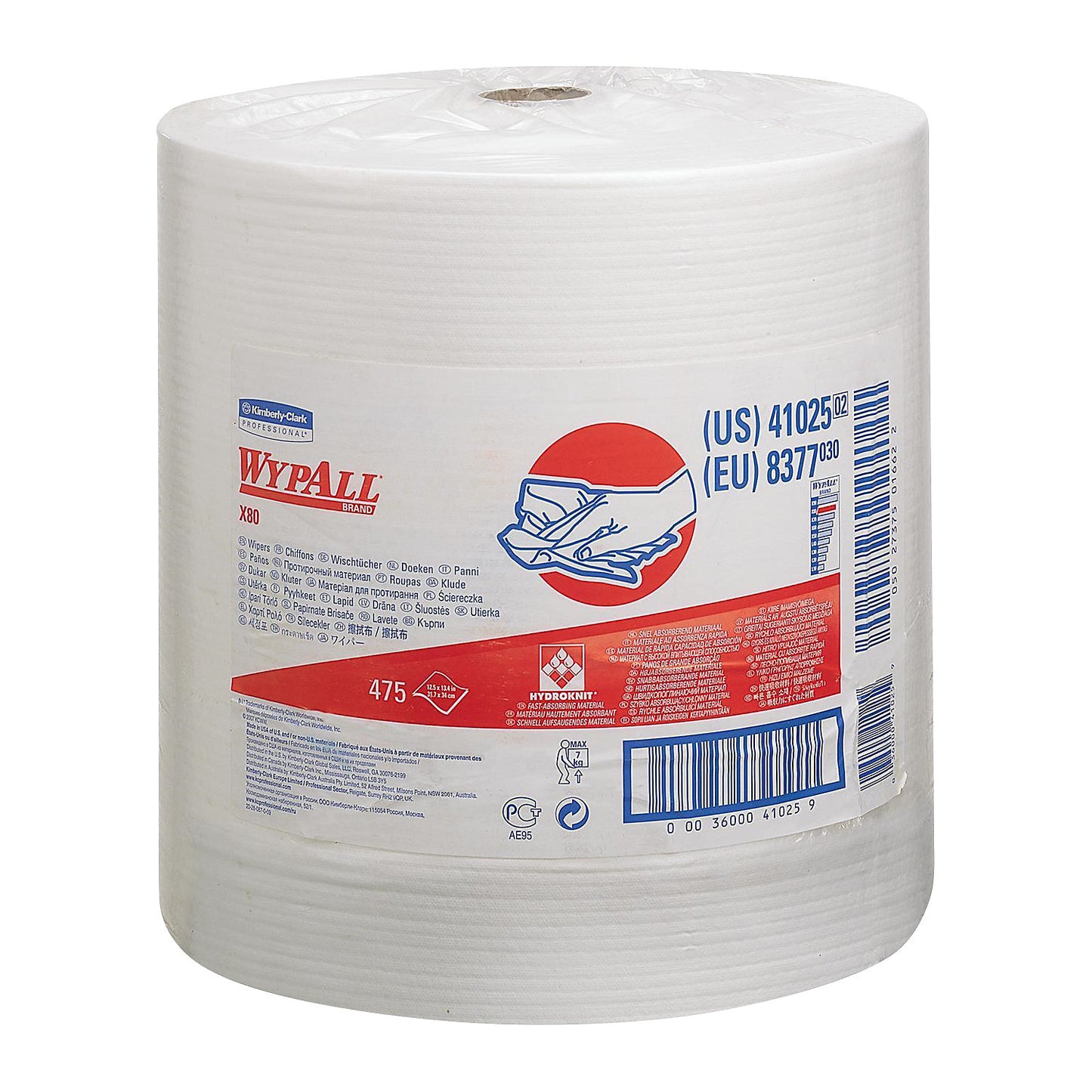 WypAll® X80 large roll of wipes 8377, 475 cloths in 340 x 315 mm, 1-ply.