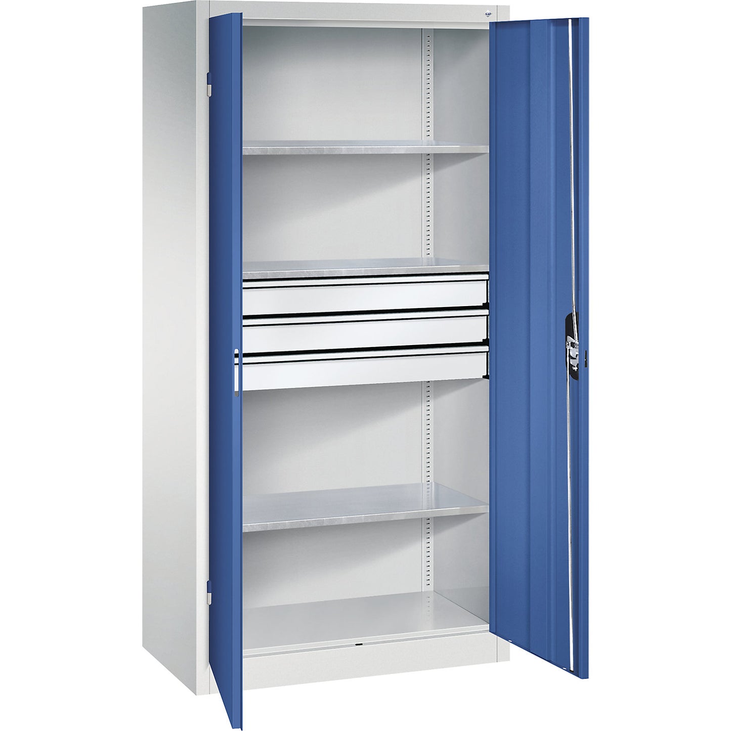 Double door workshop cupboard with drawers, WxD 930 x 600 mm, 3 shelves, light grey / gentian blue.