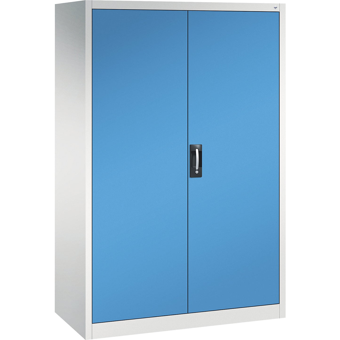 Double door workshop cupboard with drawers, WxD 1200 x 600 mm, 4 shelves, light grey / light blue.
