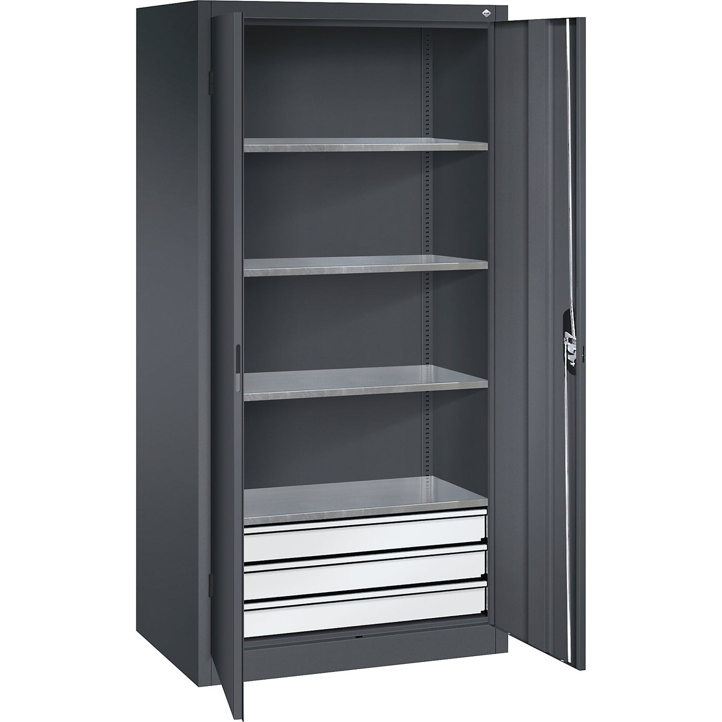 Double door workshop cupboard with drawers, WxD 1200 x 600 mm, 4 shelves, black grey / black grey.