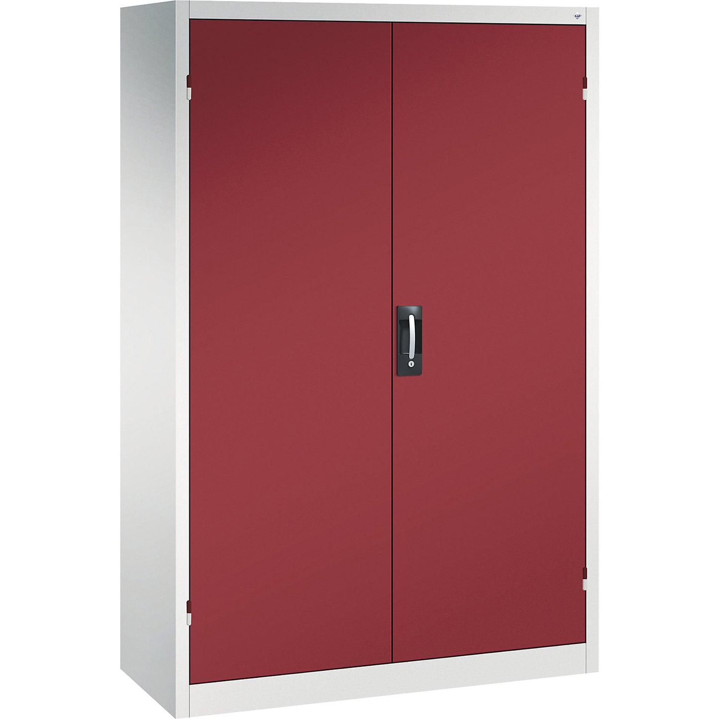 Double door workshop cupboard with drawers, WxD 1200 x 500 mm, 3 shelves, light grey / ruby red.
