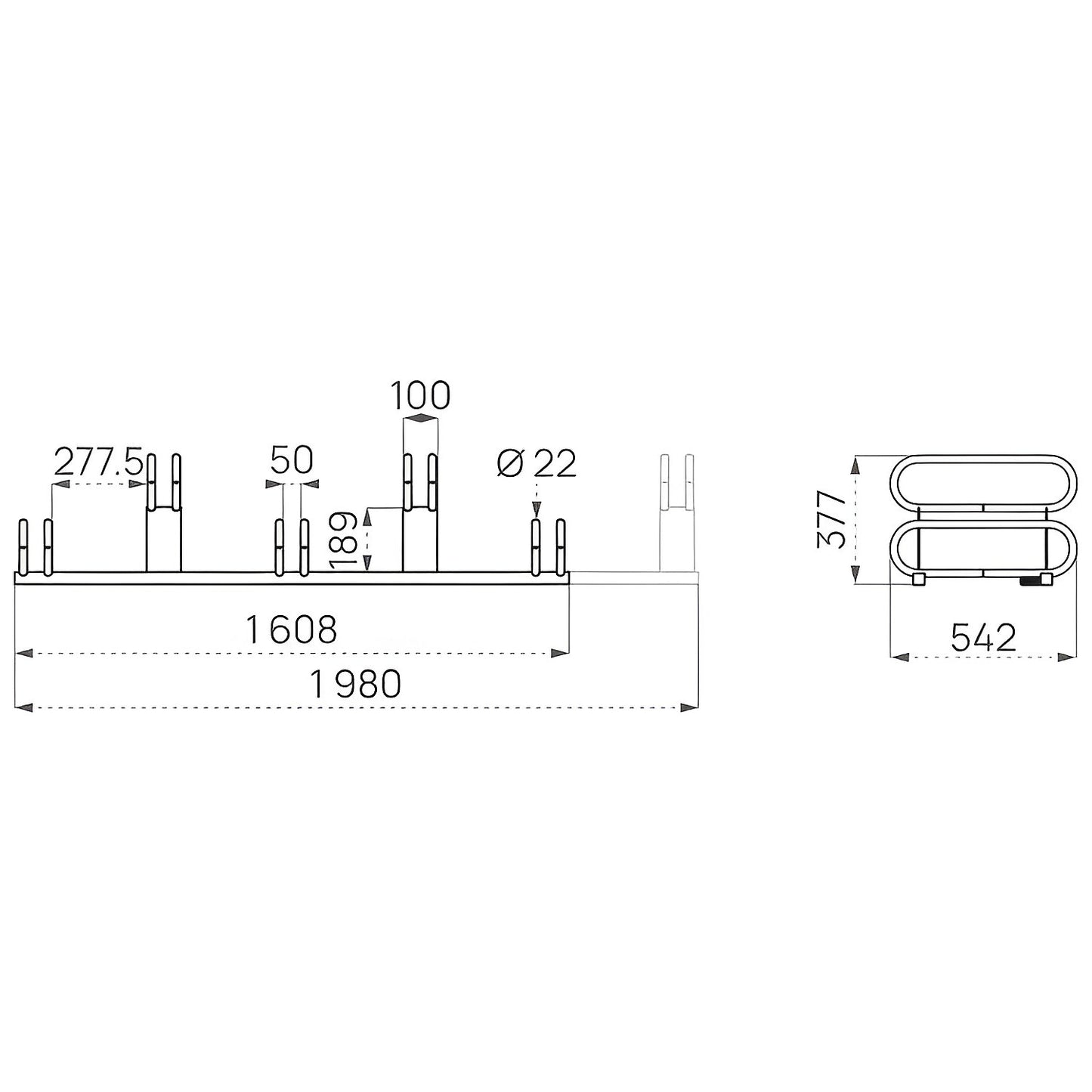 Staggered height bicycle rack, 6 parking spaces, grey.