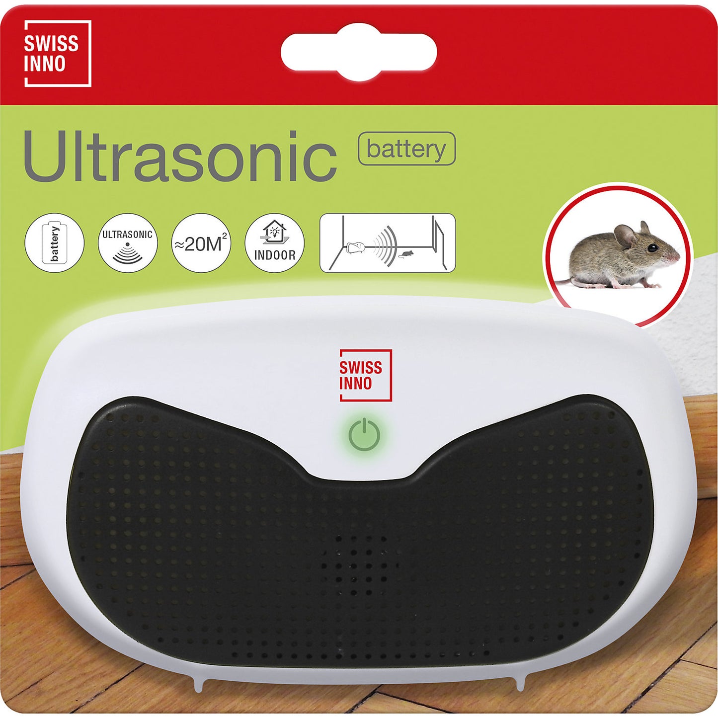 Ultrasonic pest repeller, against rodents, indoor, 20 m², battery operated.