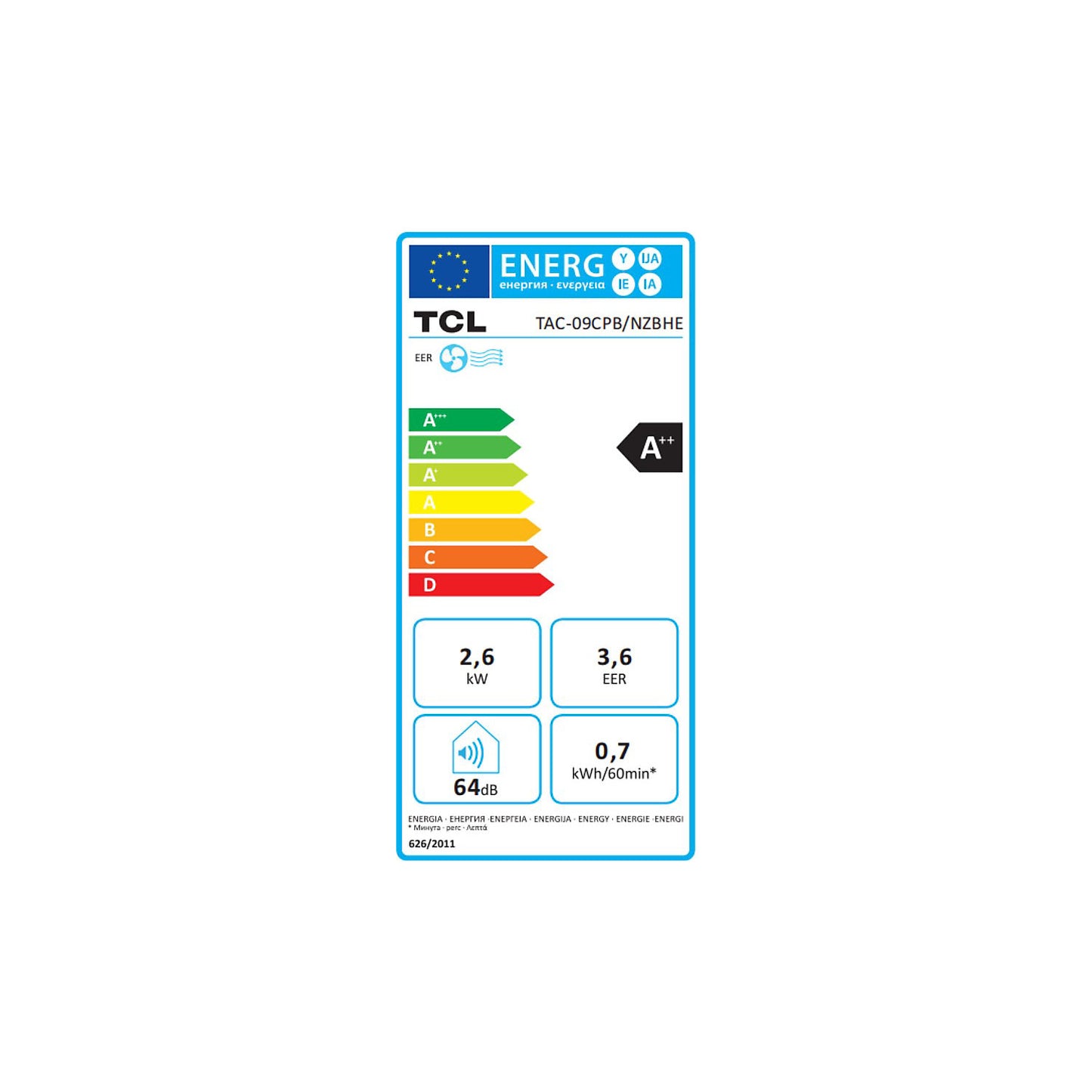 9000 BTU mobile air conditioner, 2.6 kW, A++, 3-in-1 unit, black.