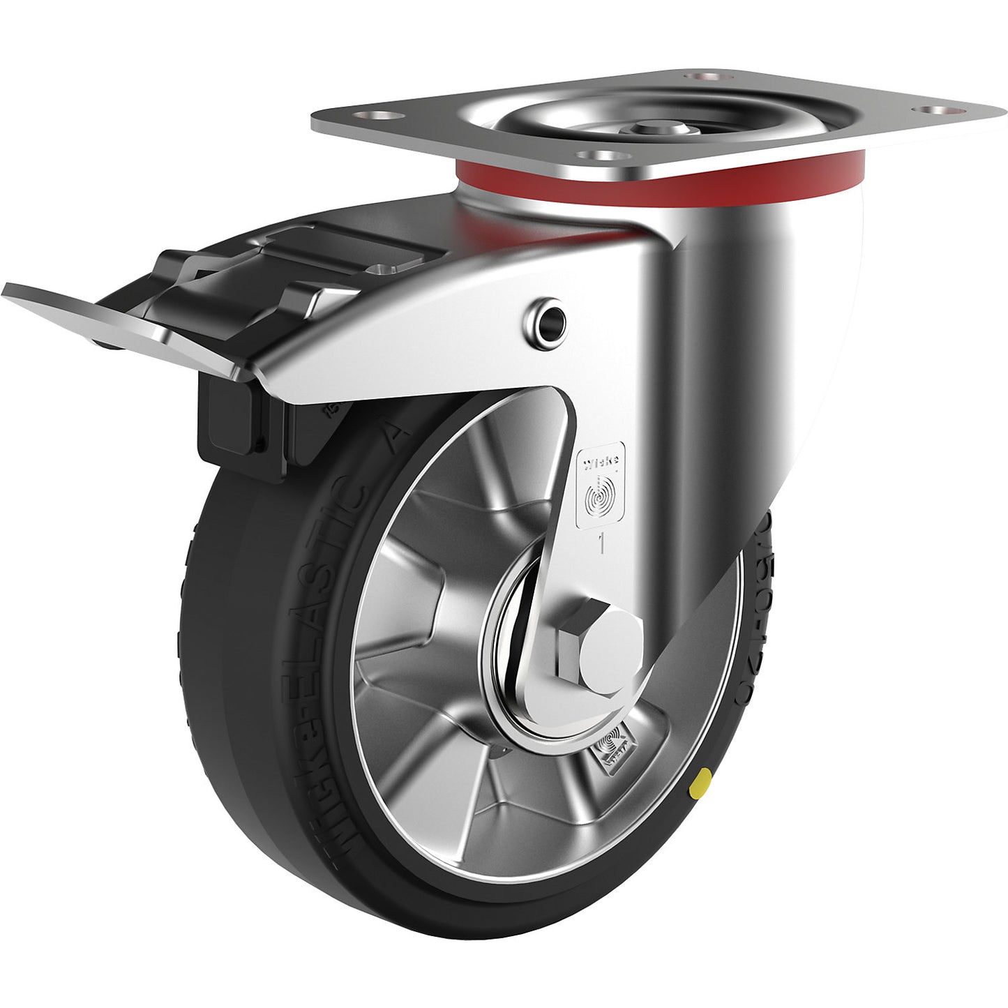 ESD elastic rubber tyre, wheel Ø x width 200 x 50 mm, max. load 450 kg, swivel castor with double stop.