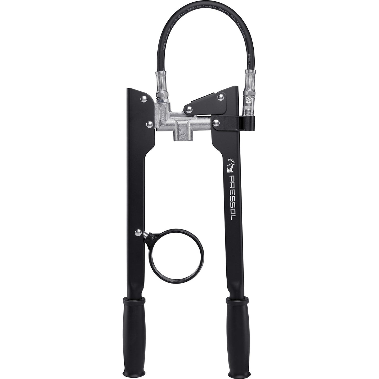 Two-handed grease gun, for greases up to NLGI 2, LxWxH 350 x 195 x 30 mm.