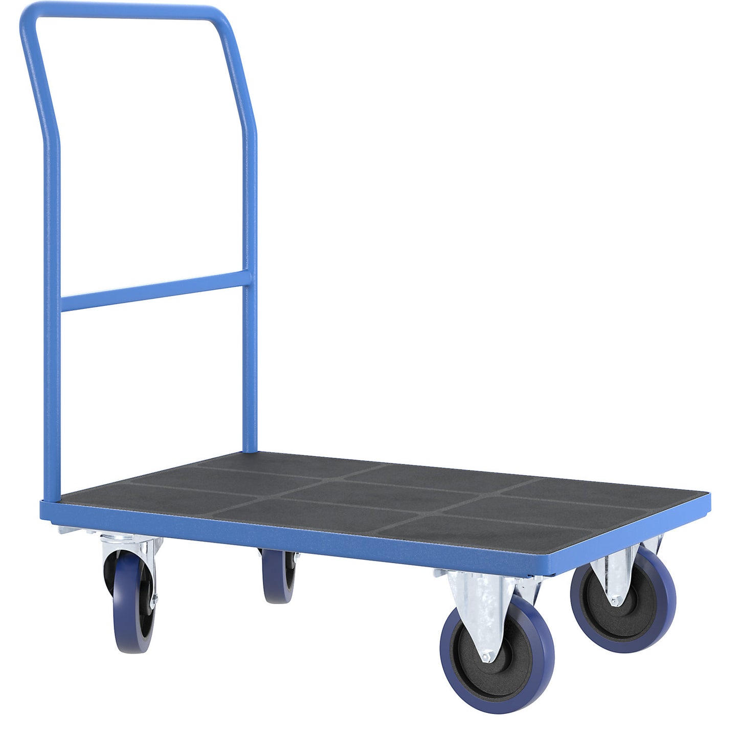 Platform truck with tubular push handle, fully elastic castors, light blue, platform LxW 1050 x 700 mm.