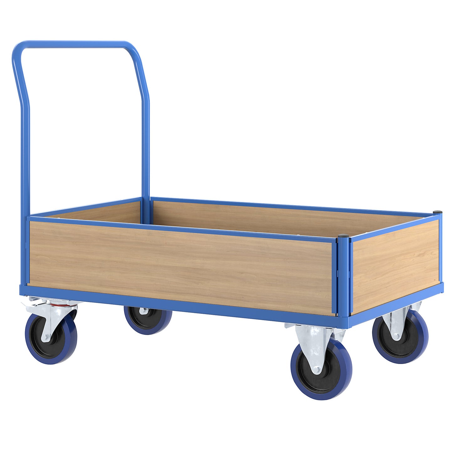 Platform truck with wooden panels, with 4 half height side panels, LxW 1300 x 800 mm, solid elastic.