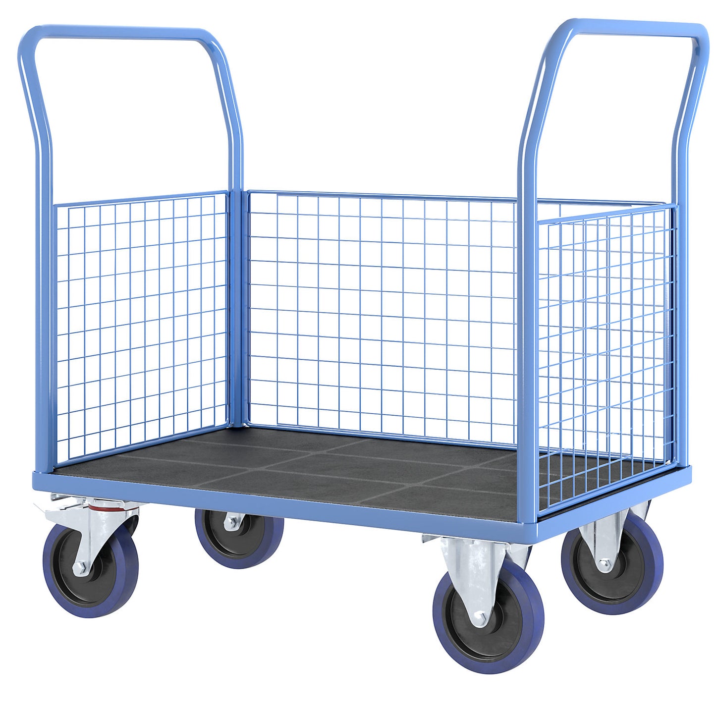 Platform truck with mesh panels, 3 high mesh panels, LxW 1050 x 700 mm, solid elastic tyres.