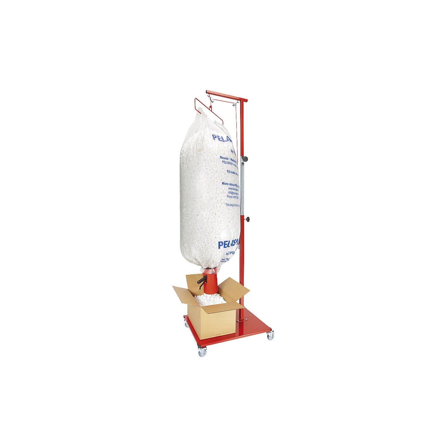 Mobile filling device, for hanging up bags, for filling material.