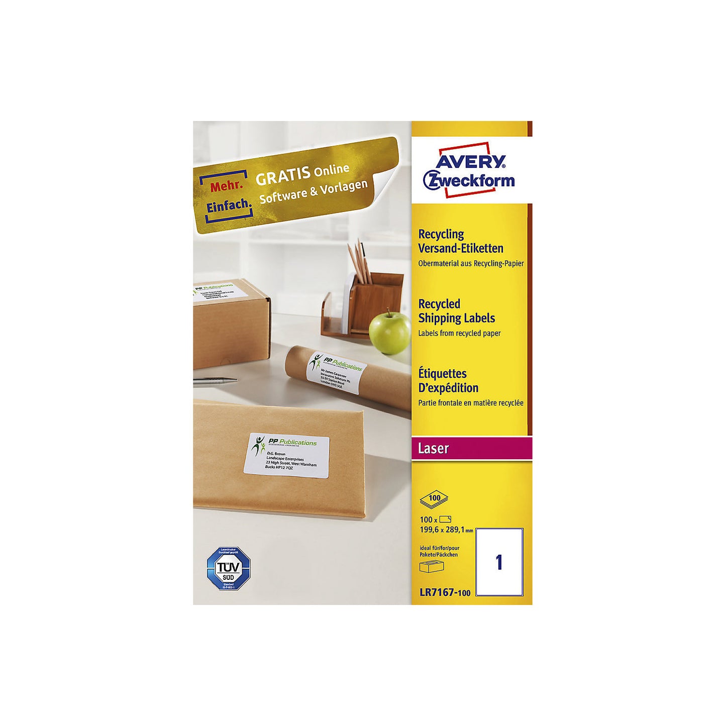 Recycled shipping labels, environmentally friendly, pack of 100, LxW 199.6 x 143.5 mm.
