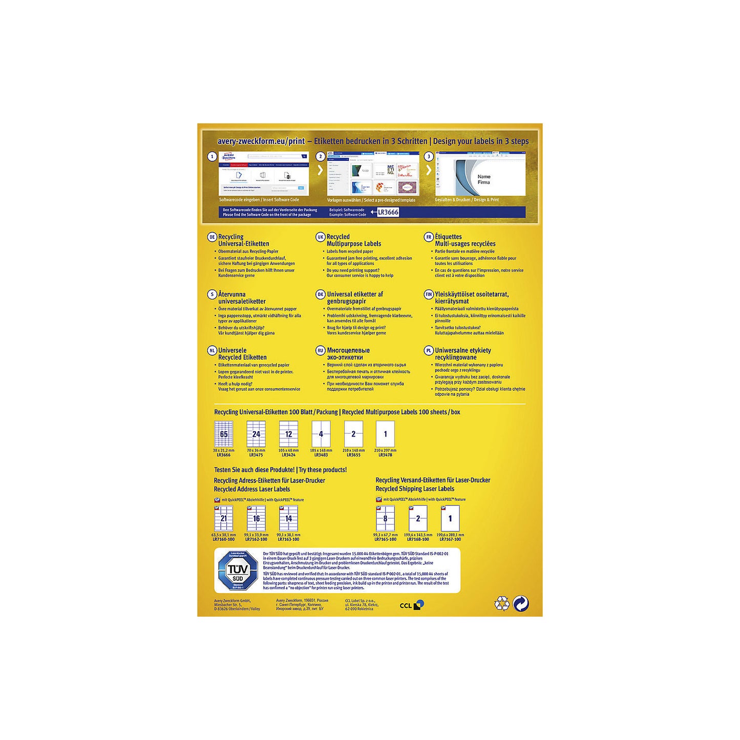 Recycled universal labels, white, pack of 100, LxW 105 x 148 mm.