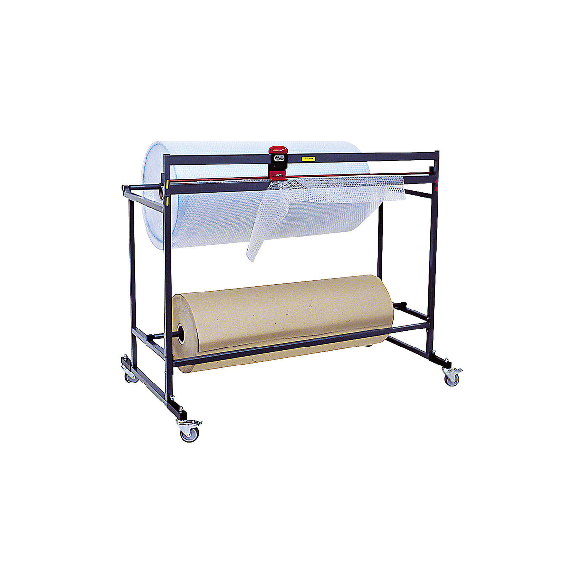 Dispenser stand with castors and cutter, for roll width 1250 mm, height 1160 mm.