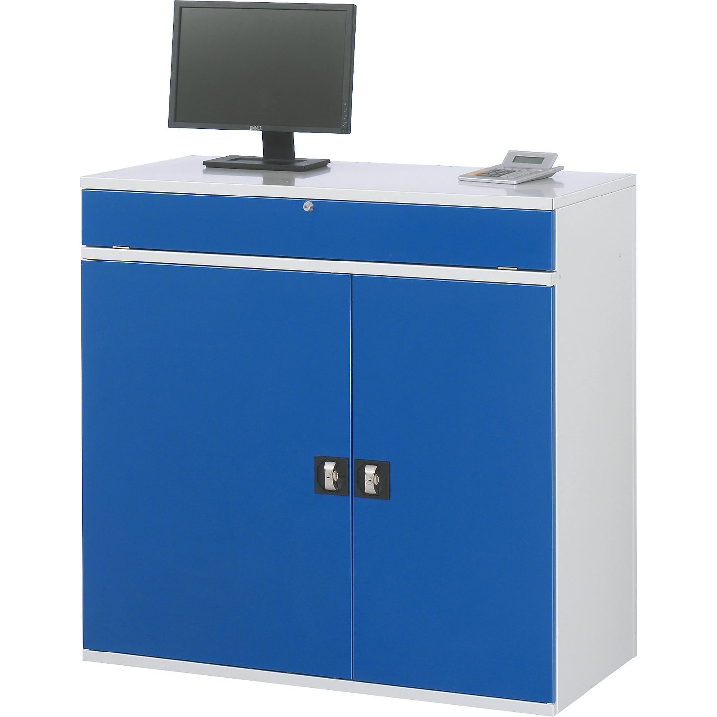 Computer workstation, cupboard housing with 1 pull-out shelf, width 1100 mm, light grey / gentian blue.