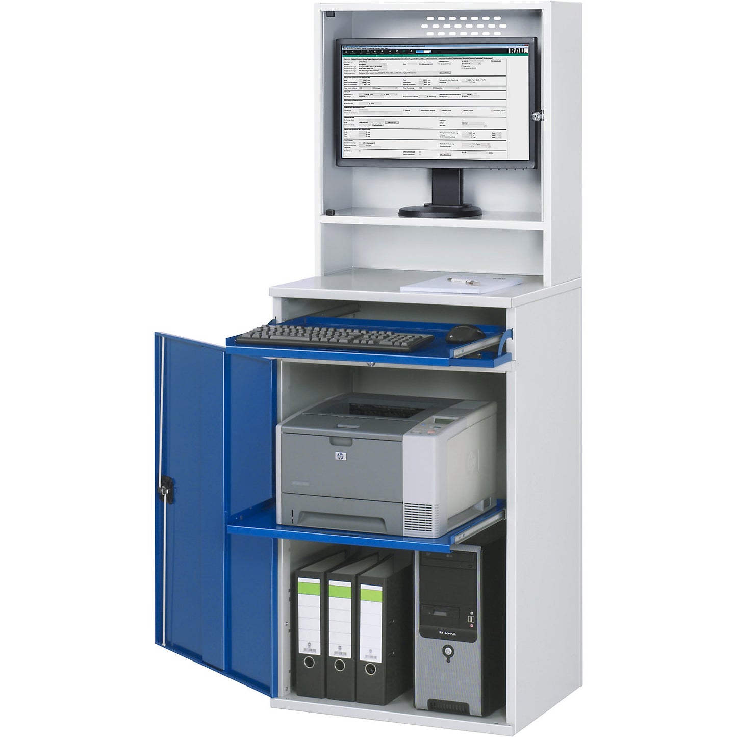 Computer workstation, monitor housing, 1 pull-out shelf, width 650 mm, light grey / gentian blue.