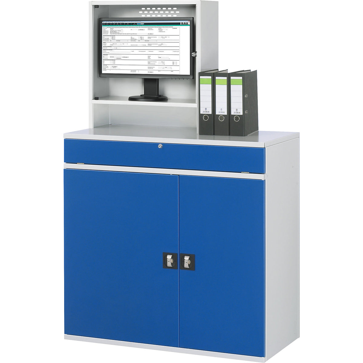 Computer workstation, monitor housing, 1 pull-out shelf, width 1100 mm, light grey / gentian blue.