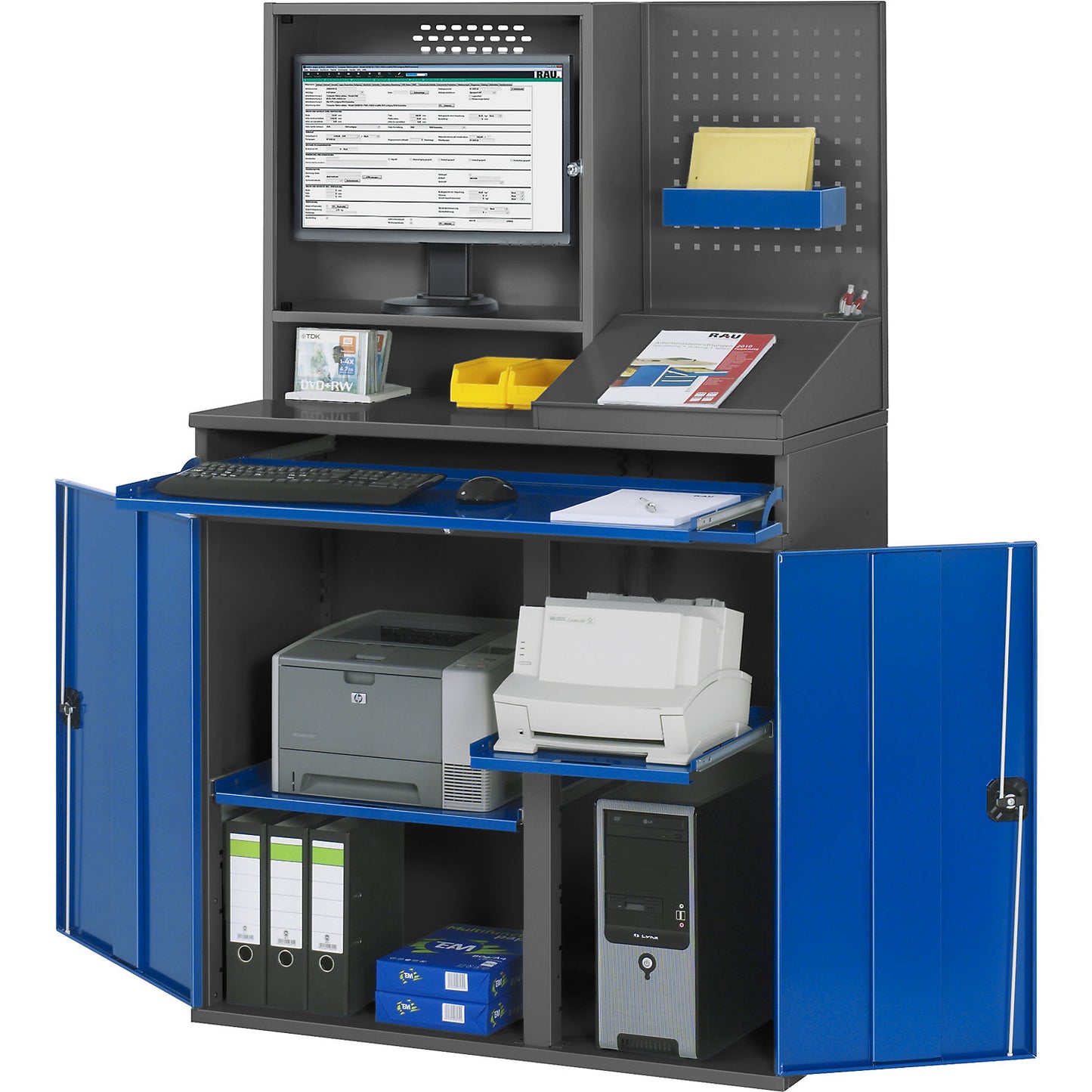 Computer workstation, monitor housing, 2 pull-out shelves, width 1100 mm, charcoal / gentian blue.
