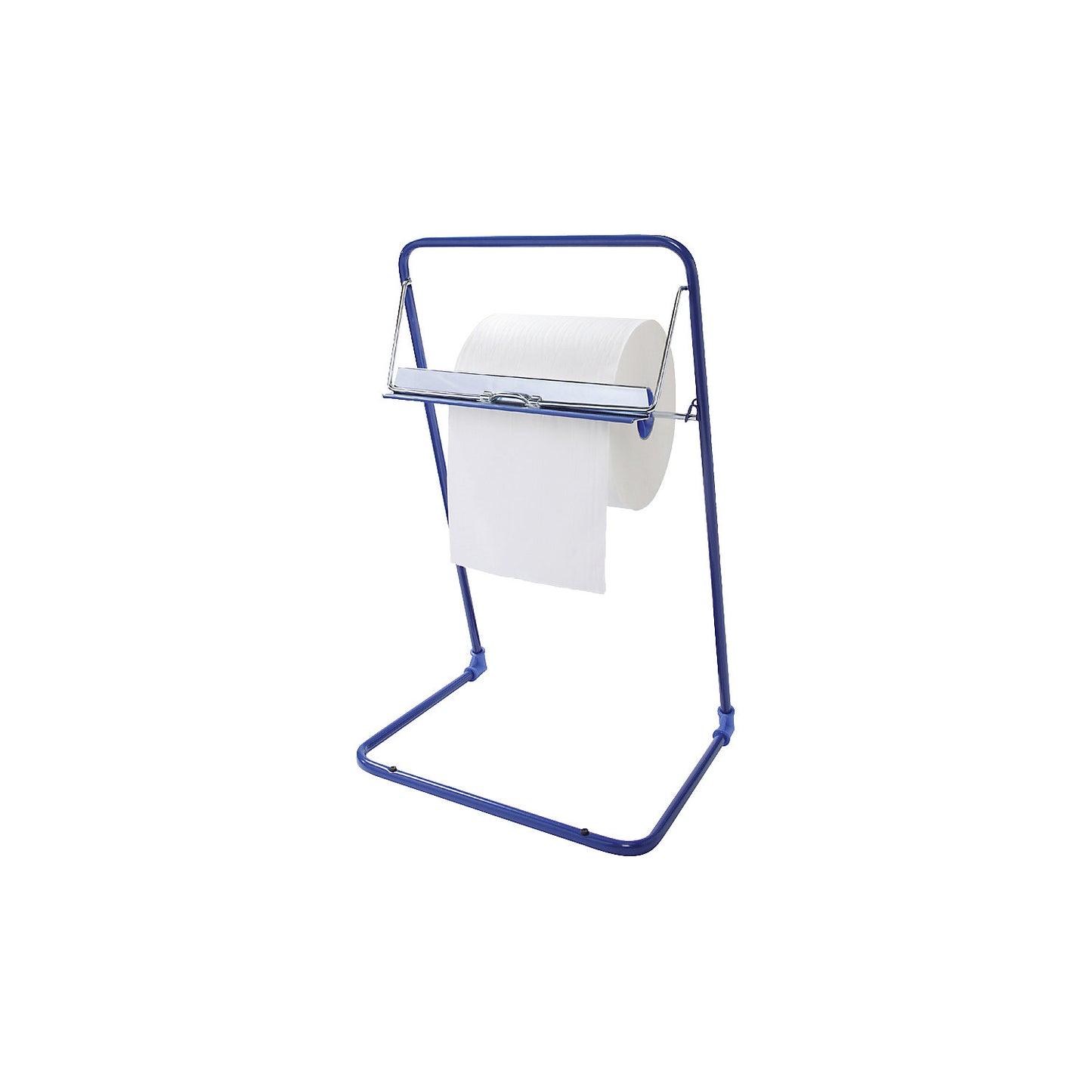 Floor stand for cleaning paper and wiping paper rolls, with tear-off rail, blue.