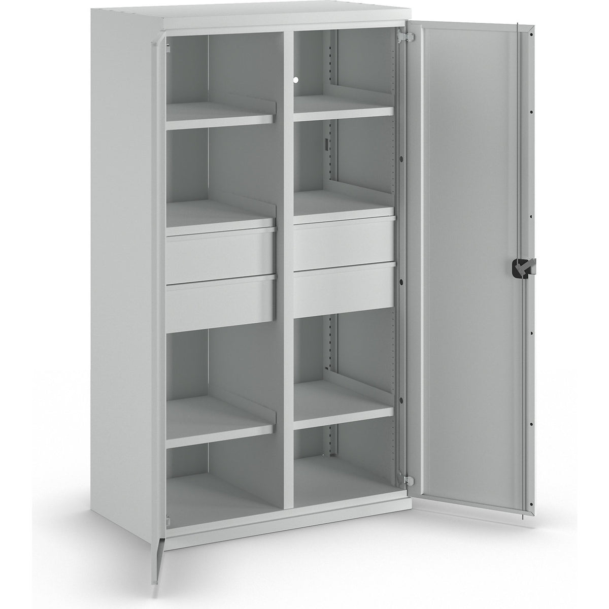 Heavy duty cupboard made of steel, 6 shelves, 4 x 180 mm high drawers, light grey / light grey.