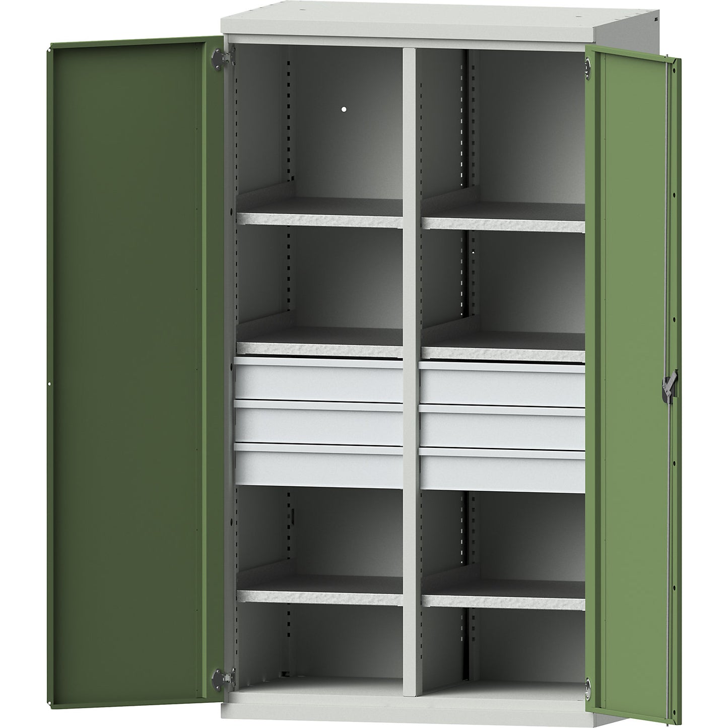 Heavy duty cupboard made of steel, 6 shelves, 6 x 120 mm high drawers, light grey / reseda green.
