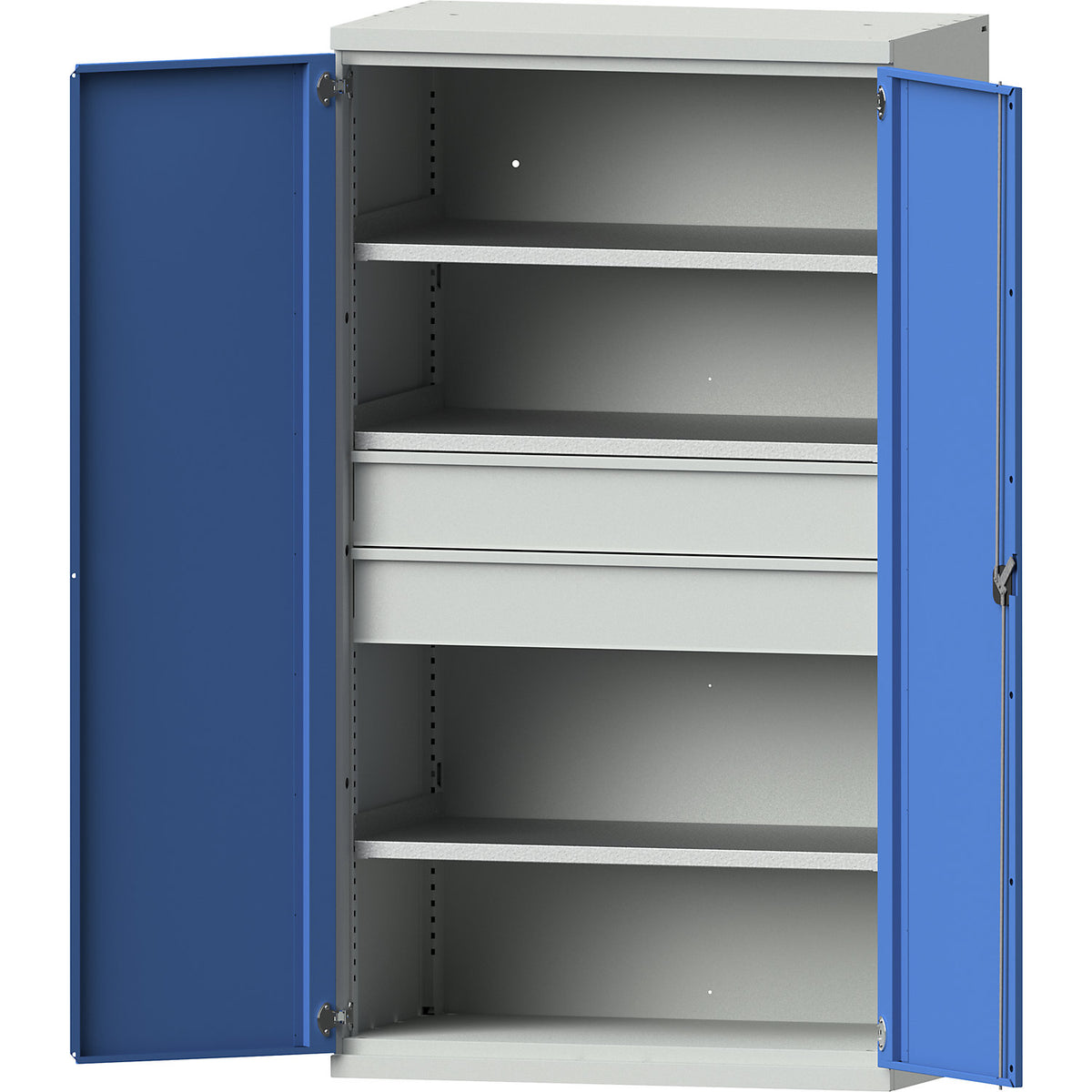 Heavy duty cupboard made of steel, 3 shelves, 2 x 180 mm high drawers, light grey / light blue.