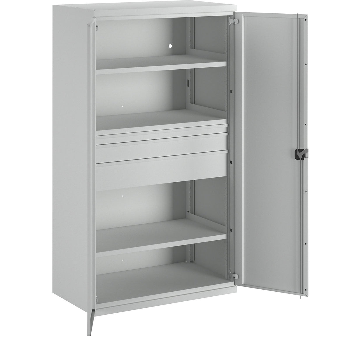 Heavy duty cupboard made of steel, 3 shelves, drawers 1 x 60 mm, 1 x 120 mm, 1 x 180 mm high, light grey / light grey.