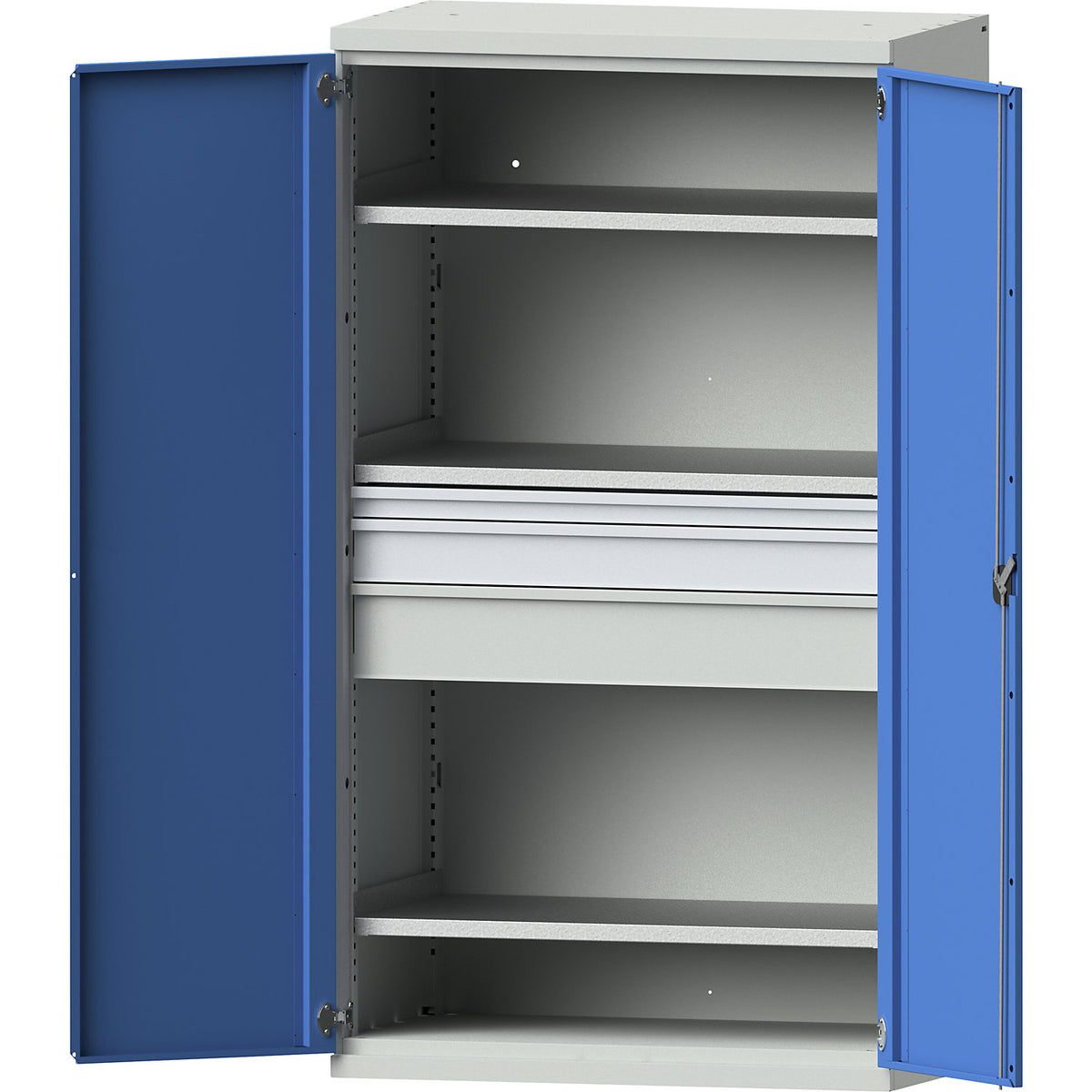Heavy duty cupboard made of steel, 3 shelves, drawers 1 x 60 mm, 1 x 120 mm, 1 x 180 mm high, light grey / light blue.