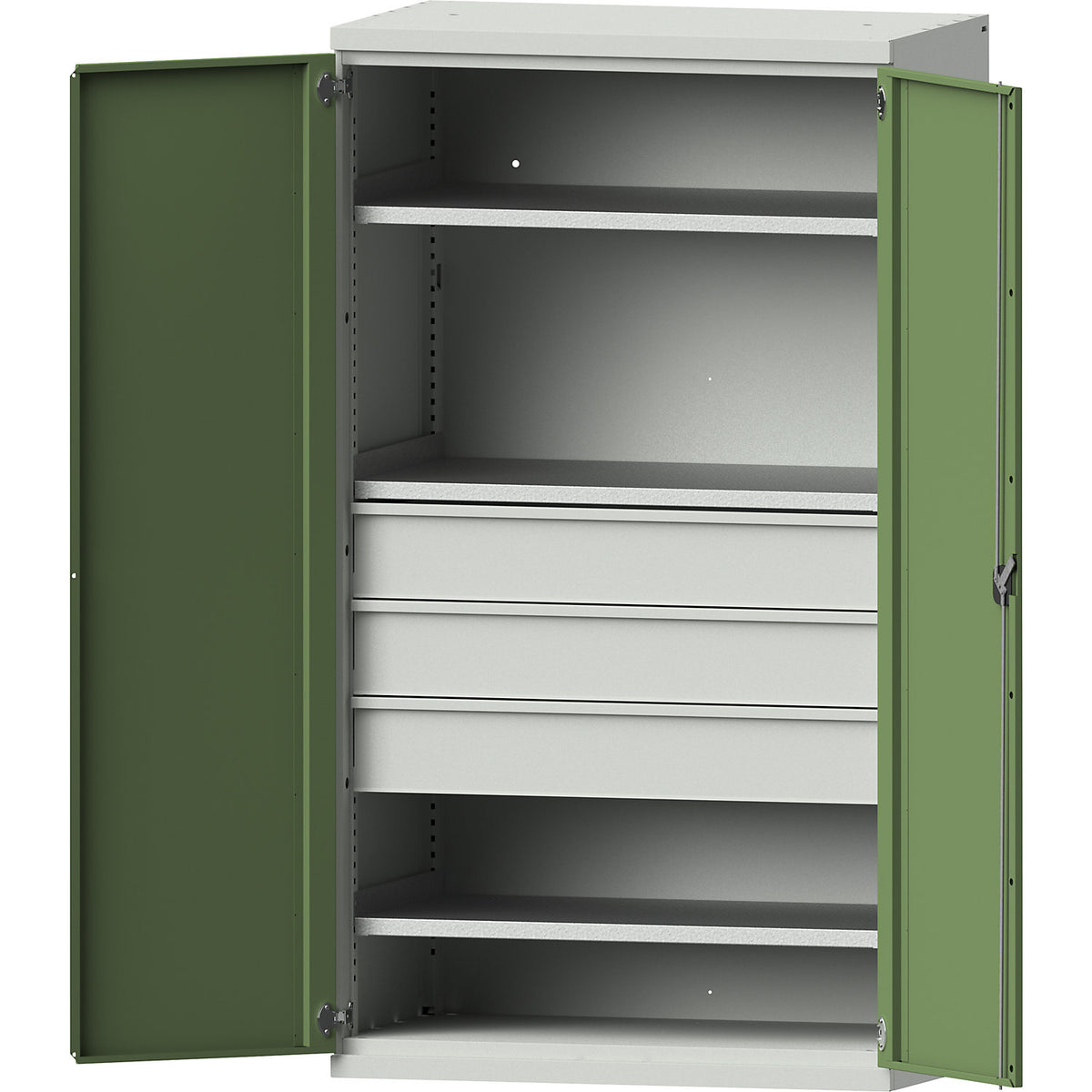 Heavy duty cupboard made of steel, 3 shelves, 3 x 180 mm high drawers, light grey / reseda green.