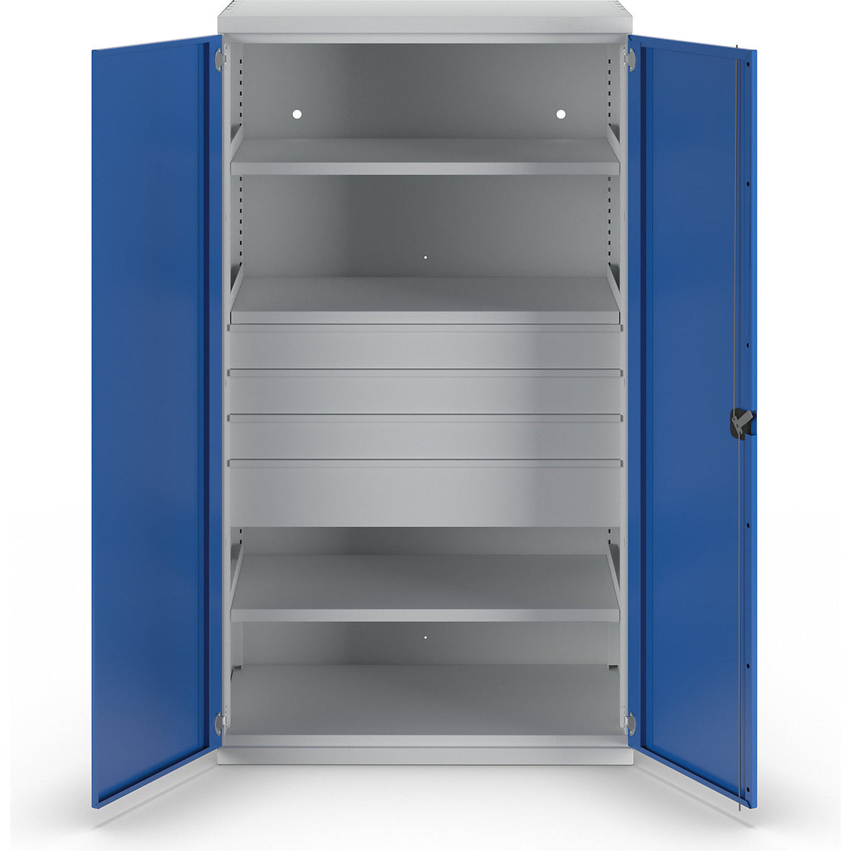 Heavy duty cupboard made of steel, 3 shelves, drawers 3 x 120 mm, 1 x 180 mm high, light grey / light blue.