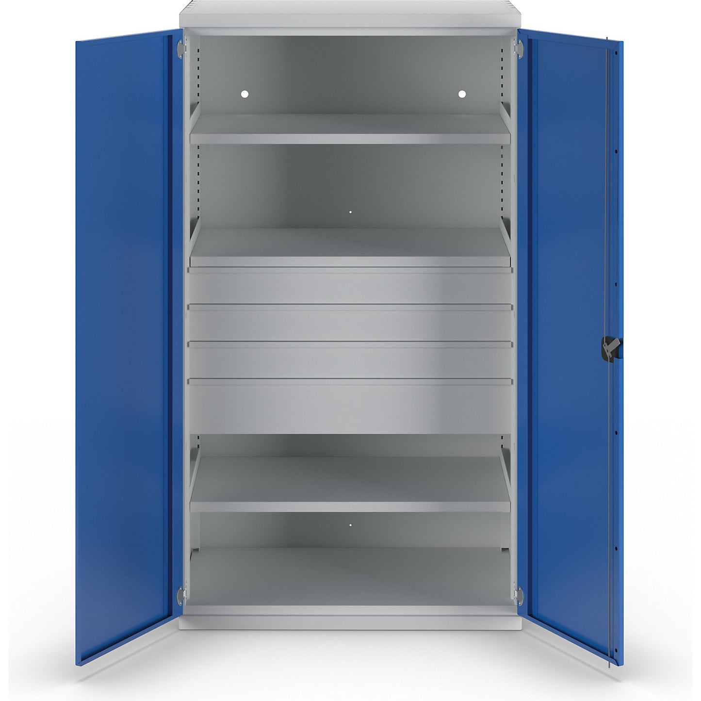 Heavy duty cupboard made of steel, 3 shelves, drawers 3 x 120 mm, 1 x 180 mm high, light grey / light blue.