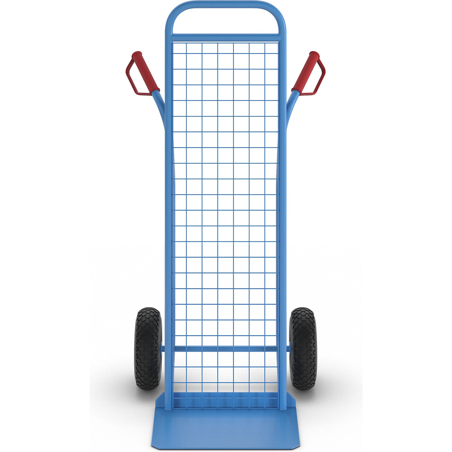 Sack truck with wire mesh rear panel, model: steel stacking truck, with pneumatic tyres.