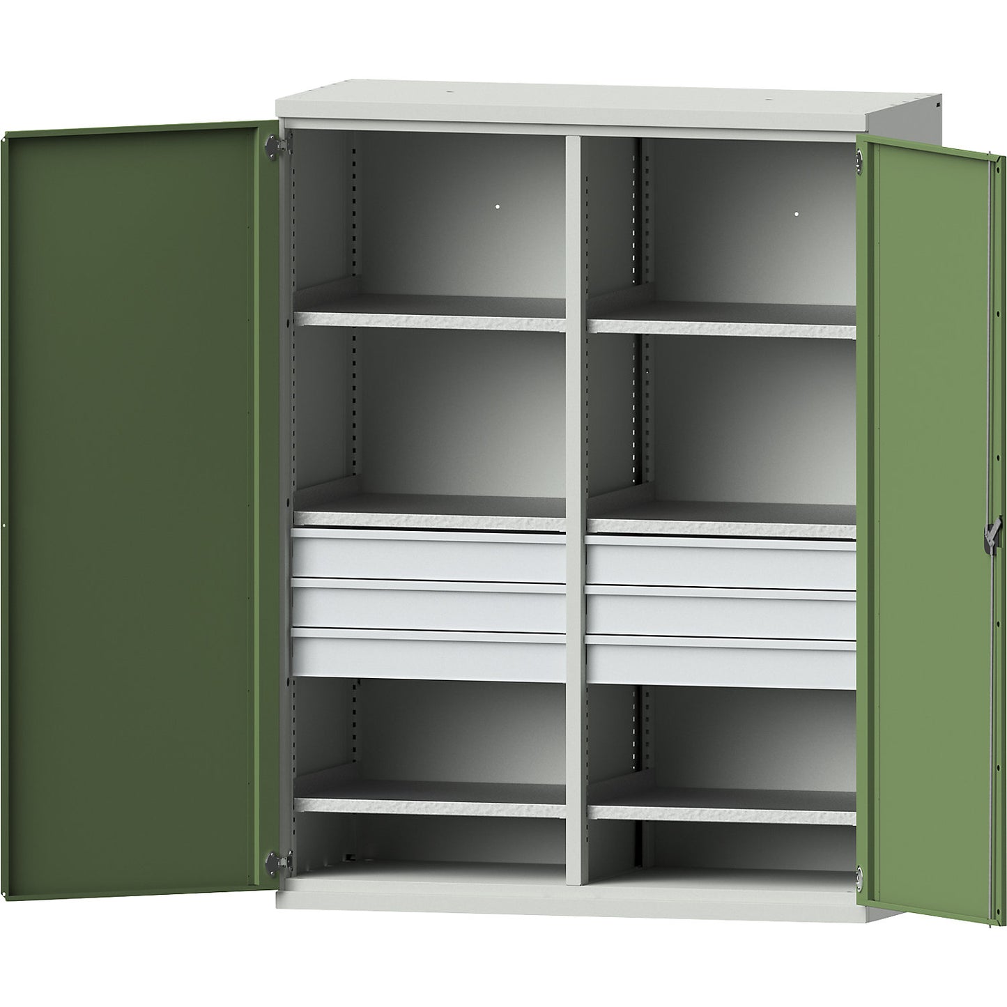 JUMBO heavy duty cupboard made of sheet steel, 6 shelves, 6 x 120 mm high drawers, light grey / reseda green.