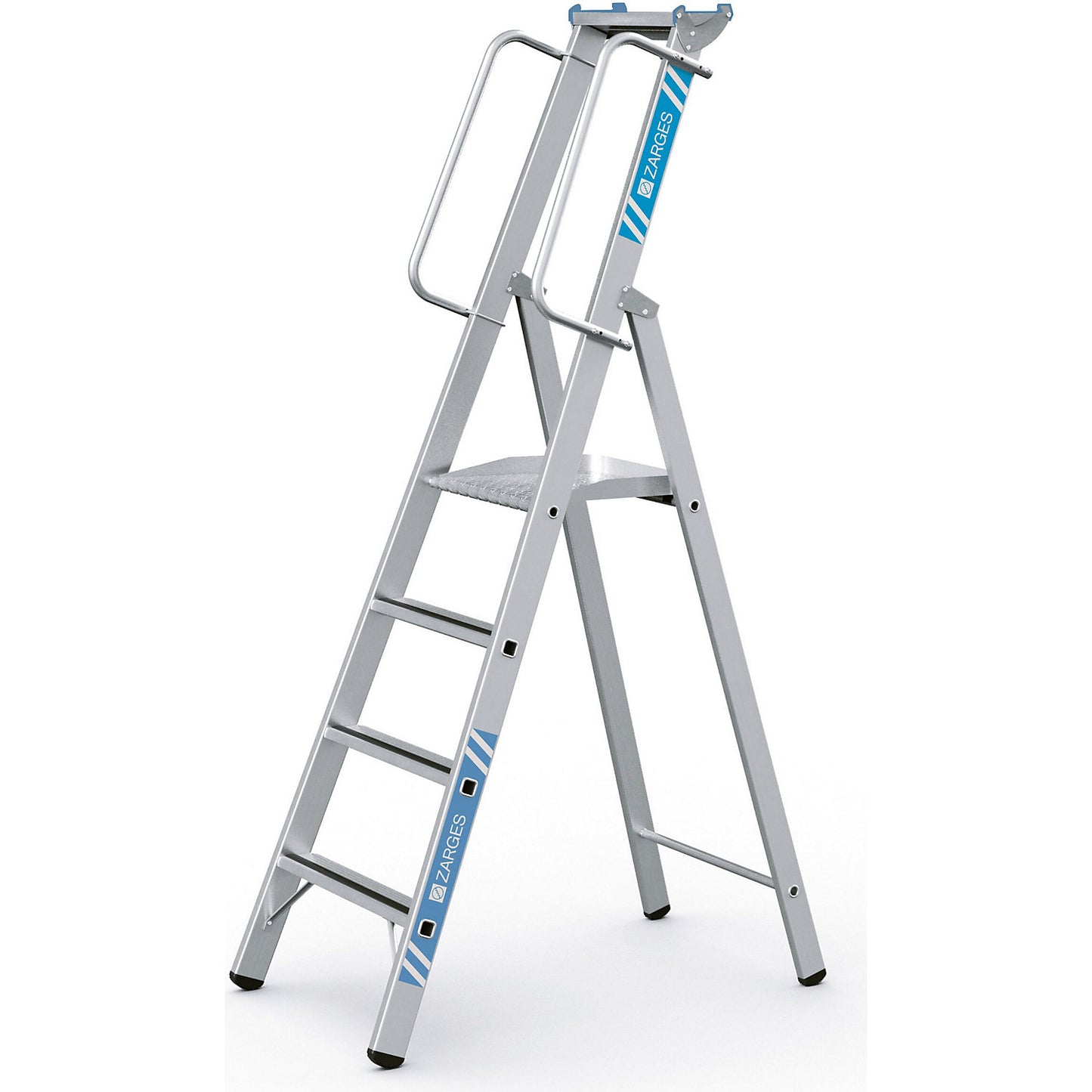 Aluminium step ladder with large platform, with hand rail on both sides, for self-assembly, 4 steps.