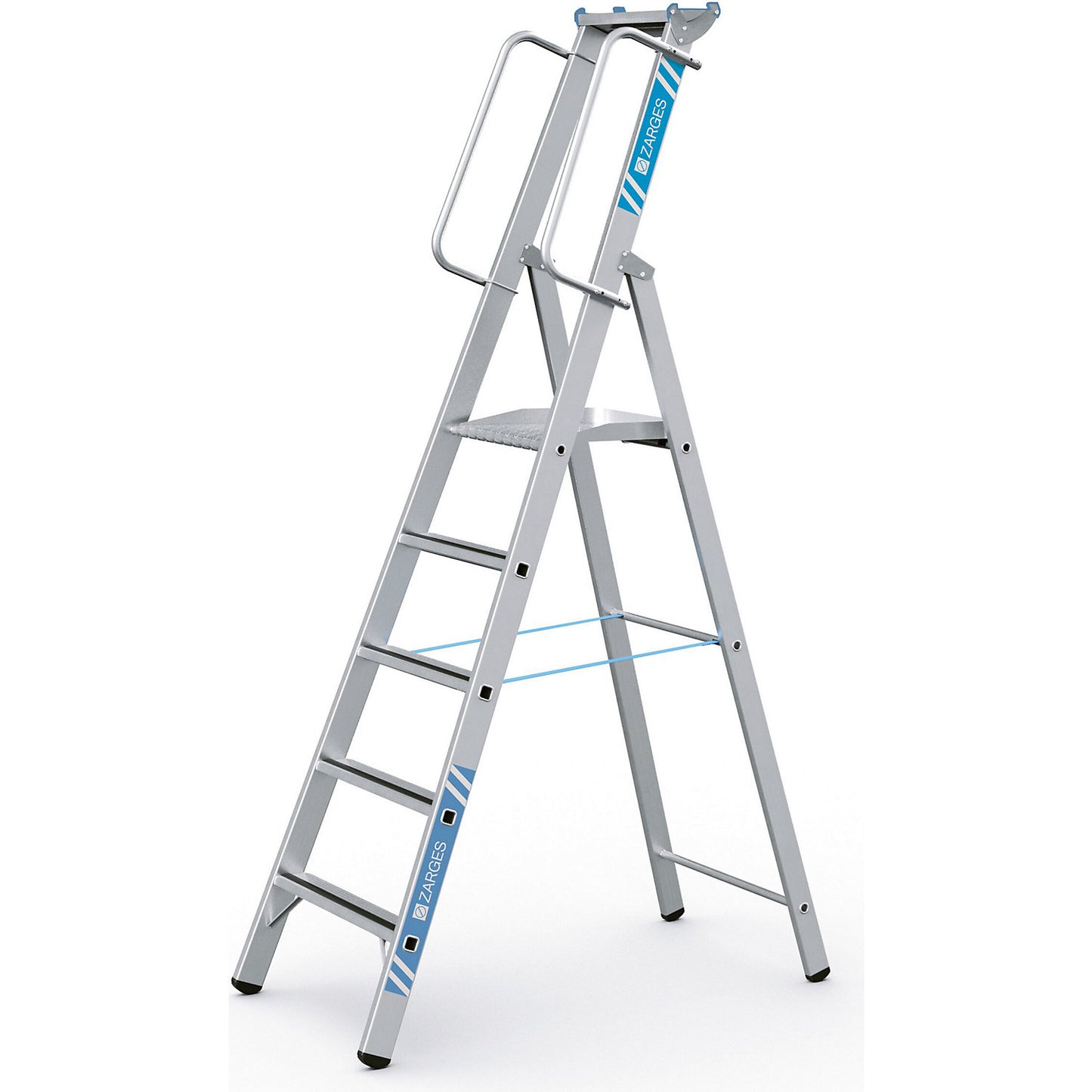 Aluminium step ladder with large platform, with hand rail on both sides, for self-assembly, 5 steps.