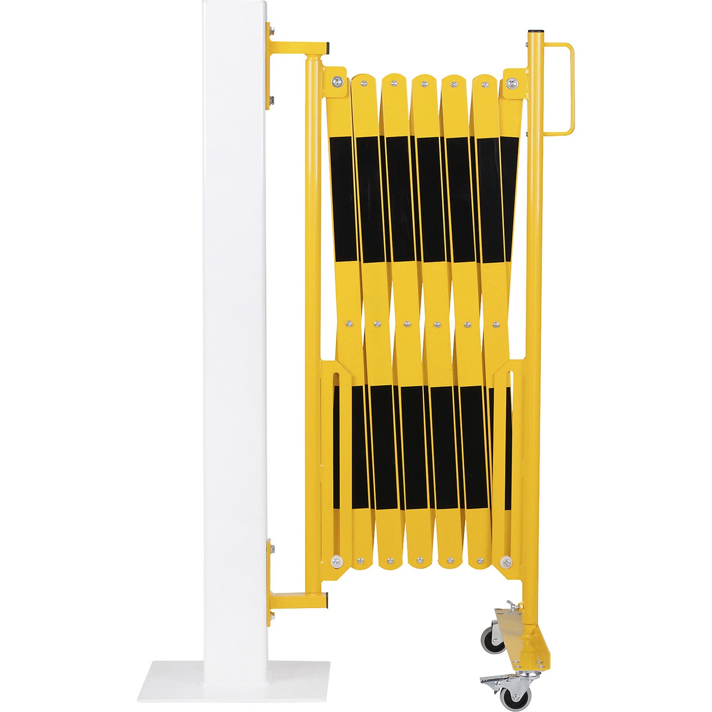Expanding barrier, wall bracket, 2 castors, yellow / black, max. length 4000 mm.