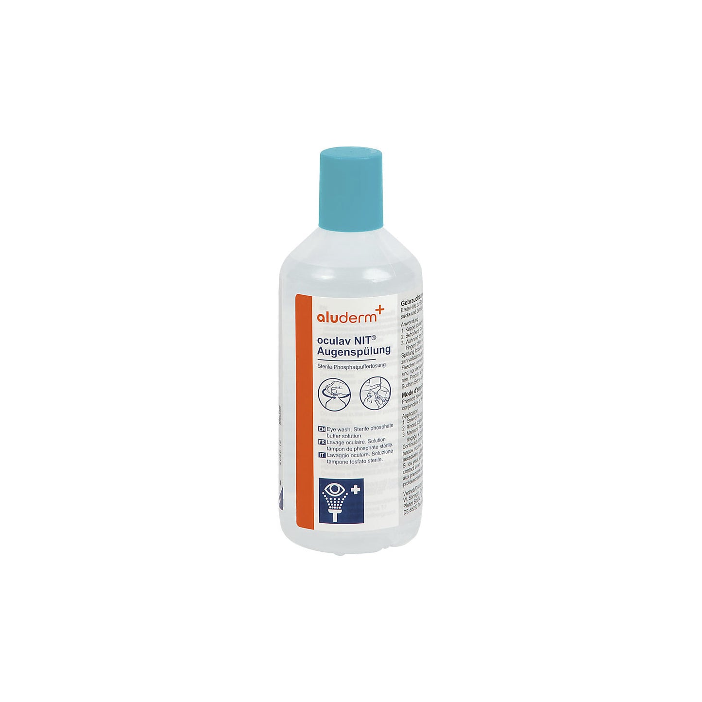 Emergency eye wash, 250 ml phosphate buffer solution, sterile, ready for use.