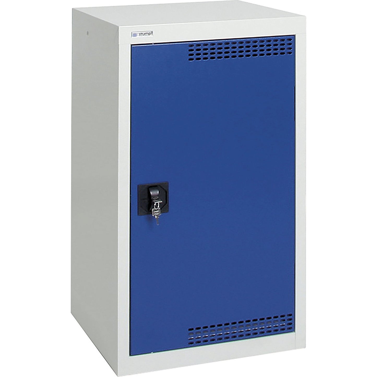 Environmental cupboard with door perforations, HxWxD 900 x 500 x 500 mm, 2 tray shelves, light grey / gentian blue.
