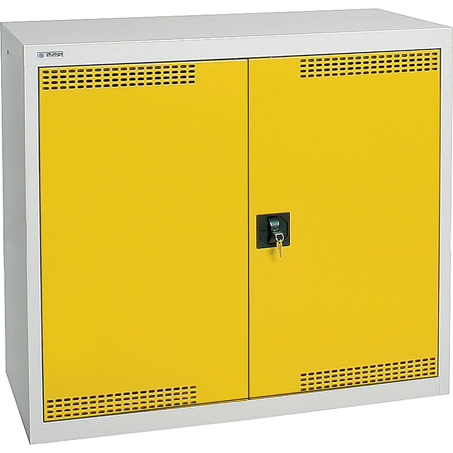 Environmental cupboard with door perforations, HxWxD 900 x 1000 x 500 mm, 2 tray shelves, light grey / signal yellow.