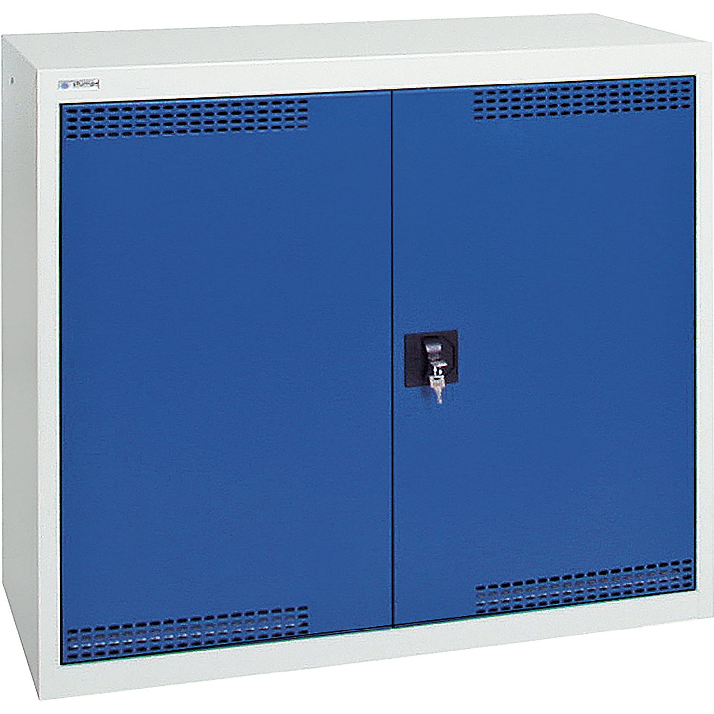 Environmental cupboard with door perforations, HxWxD 900 x 1000 x 500 mm, 2 tray shelves, light grey / gentian blue.