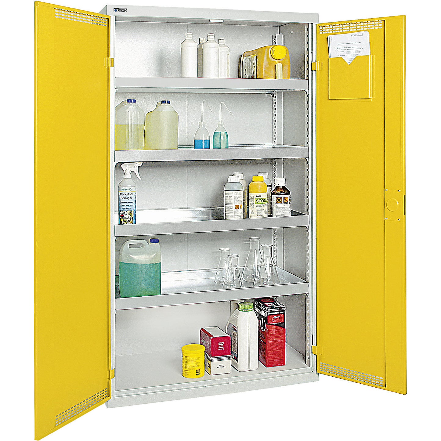 Environmental cupboard with door perforations, HxWxD 1800 x 1000 x 500 mm, 4 tray shelves, light grey / signal yellow.
