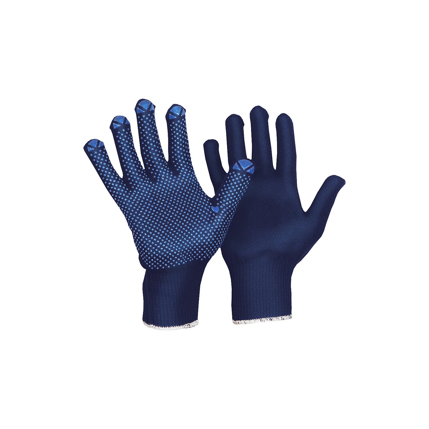 Knitted cotton gloves with nubs on one side, blue, pack of 12 pairs, size 9.