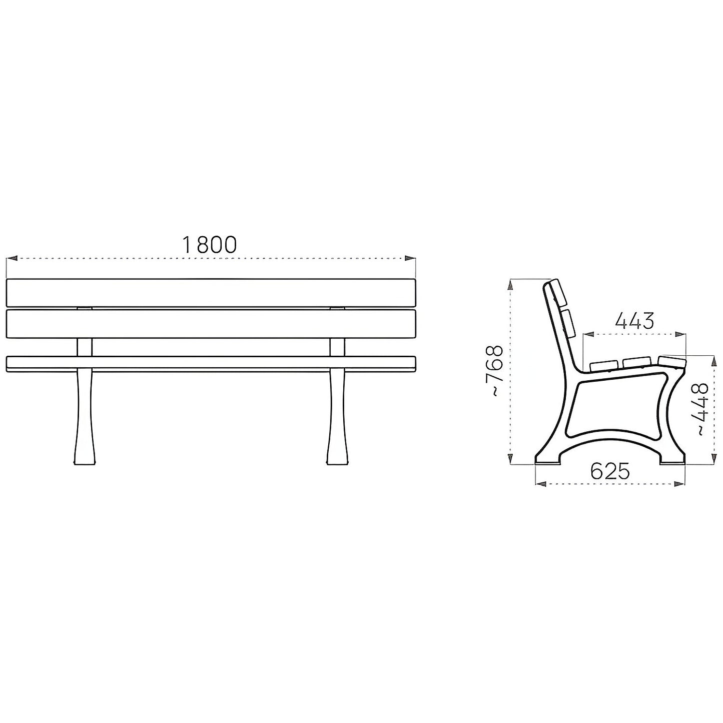 MORA bench, length 1800 mm, tropical wood, light oak, metallic.
